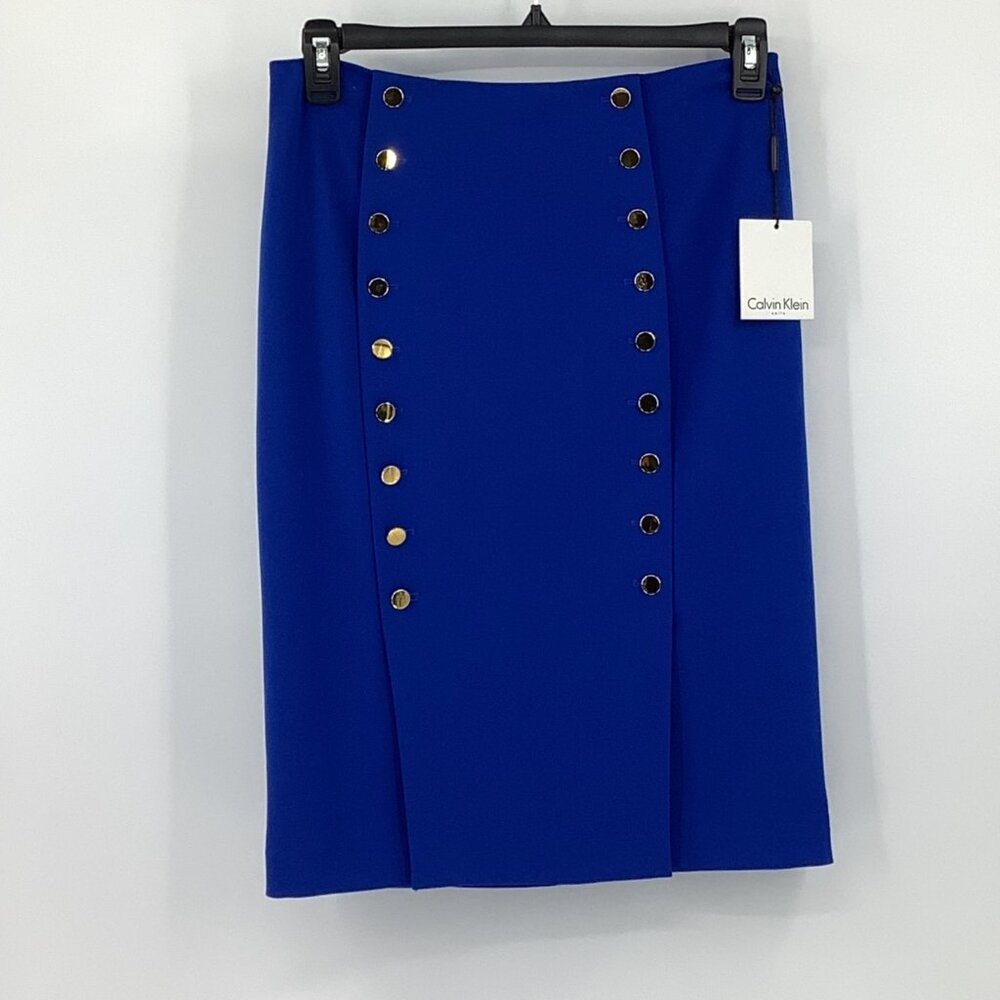 Calvin Klein Royal Blue Pencil Skirt Size 10 With Gold Button Accents Office - Picture 2 of 9